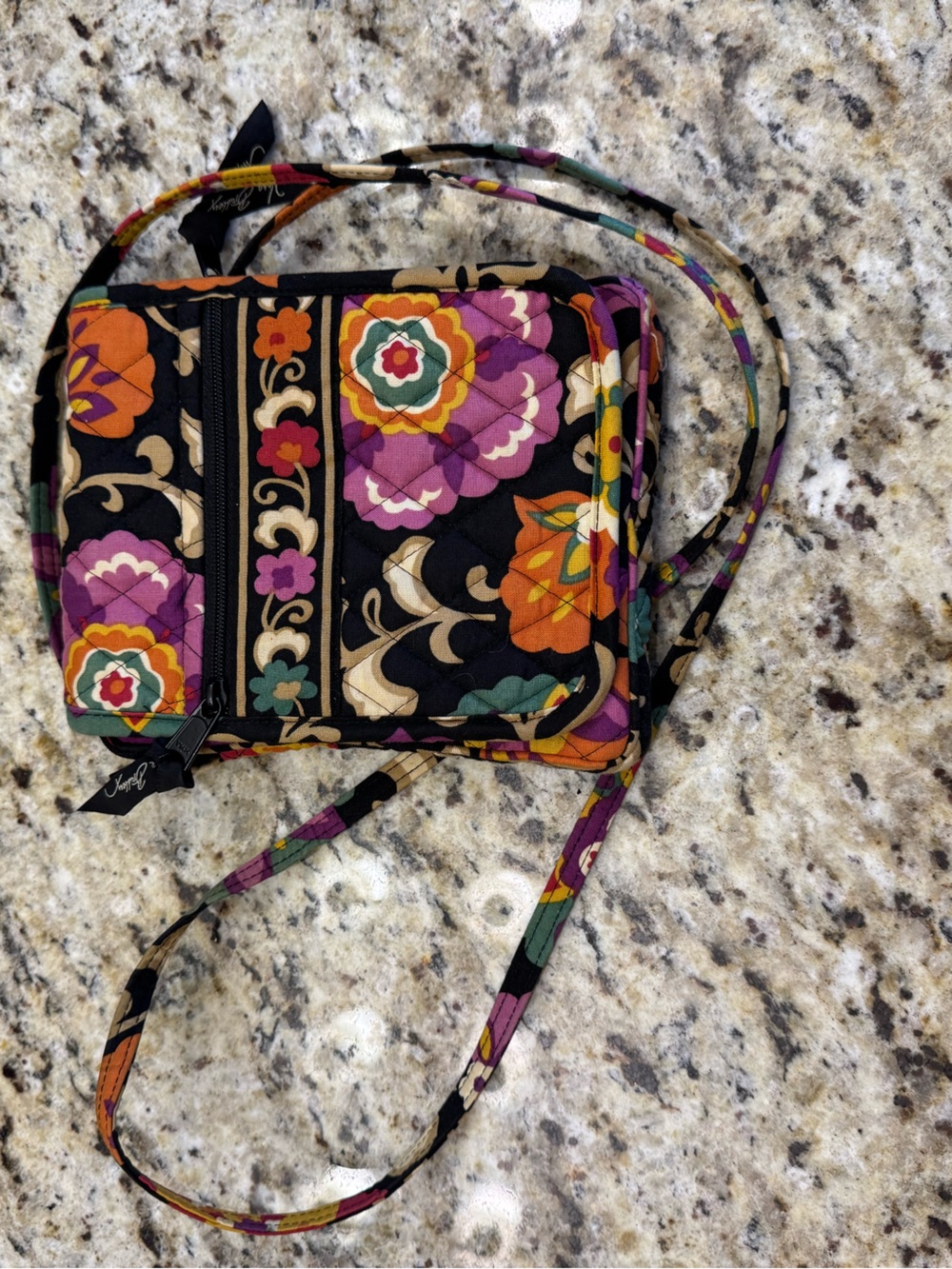 Vera Bradley Black Quilted Floral Crossbody with Purple & Orange Accents